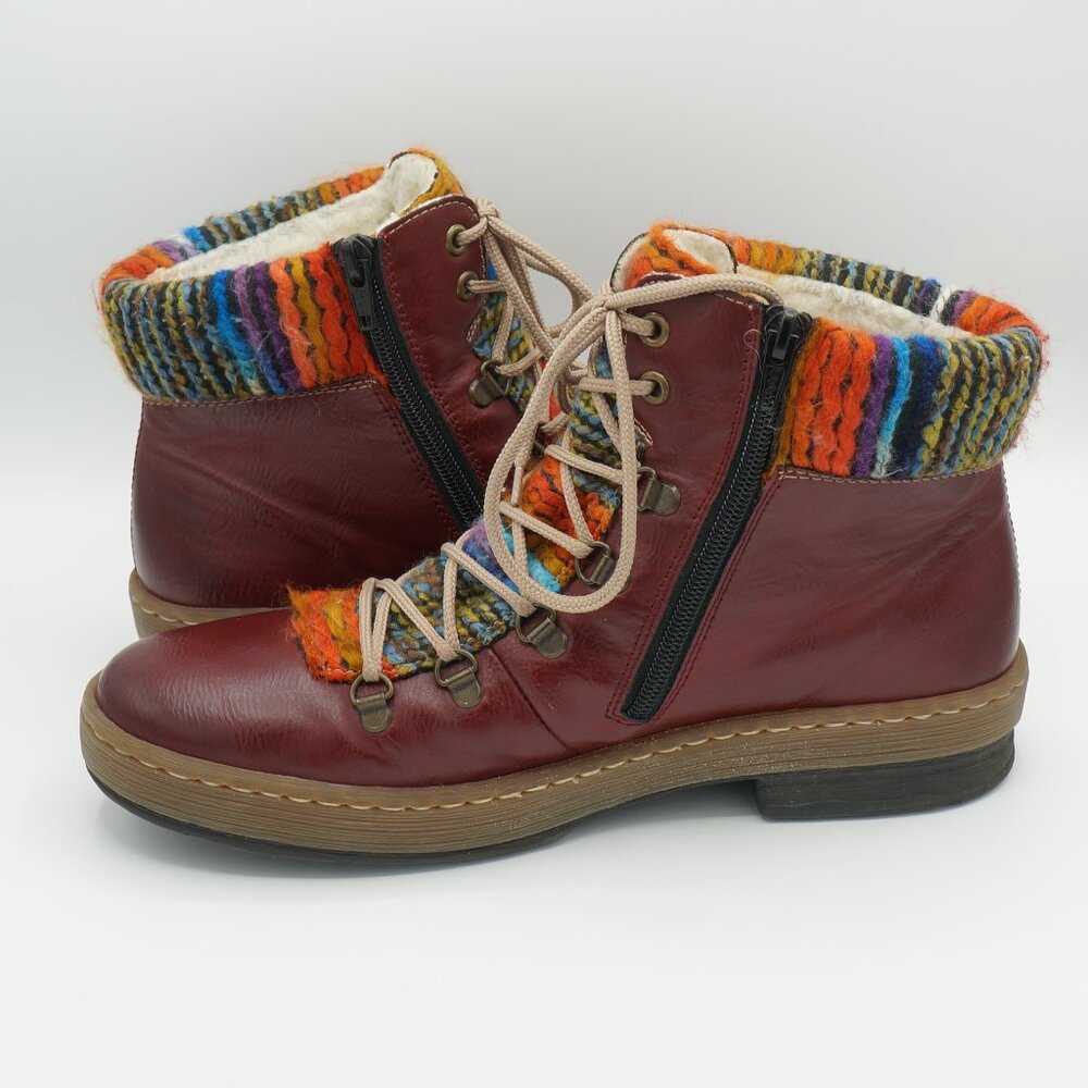 Rieker Felicitas Oxblood Leather Knit Collar Lace-Up Boots - EU 42 / US 10-10.5 - Picture 5 of 10